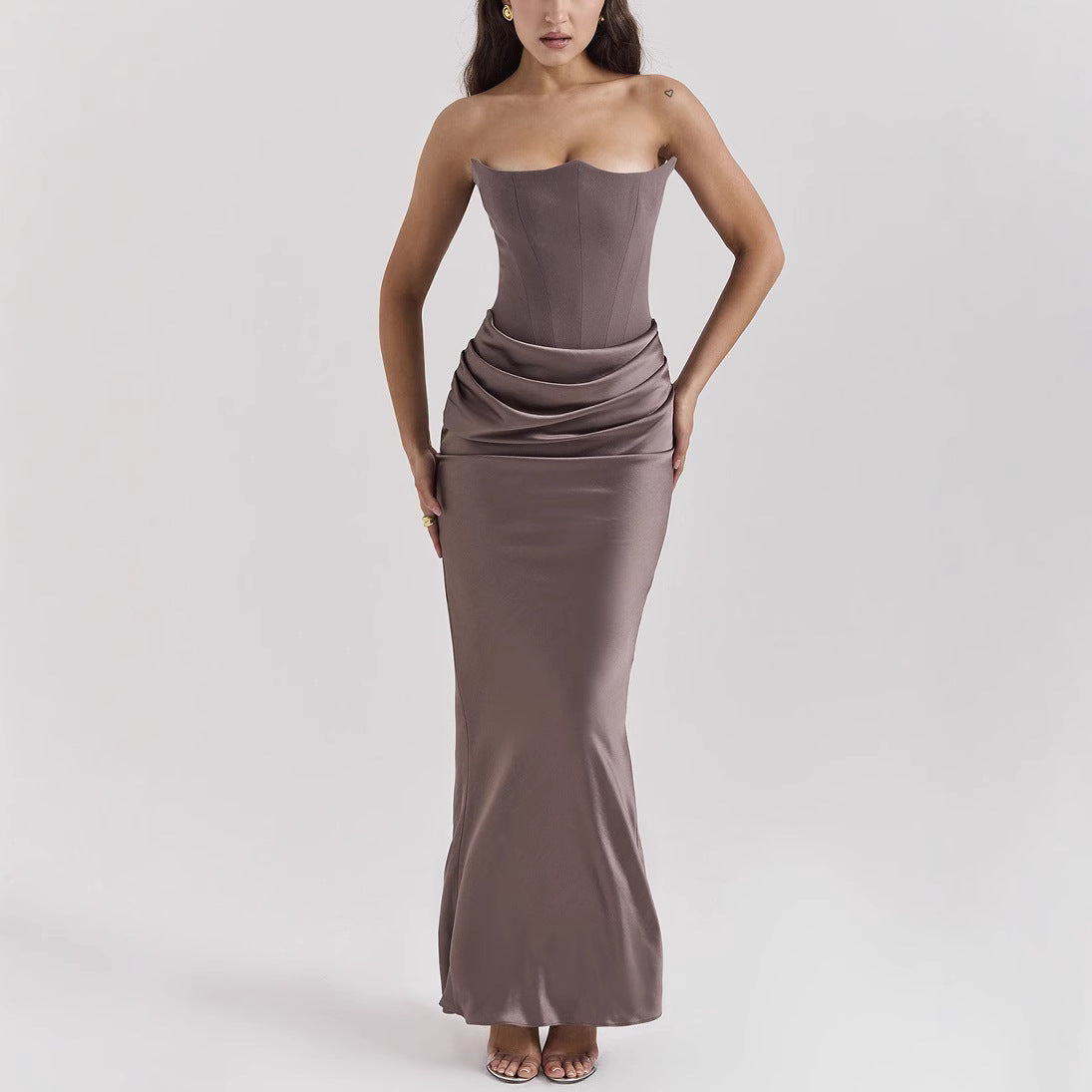 Women’s Strapless Corset Bodycon Maxi Dress with Draped Hip