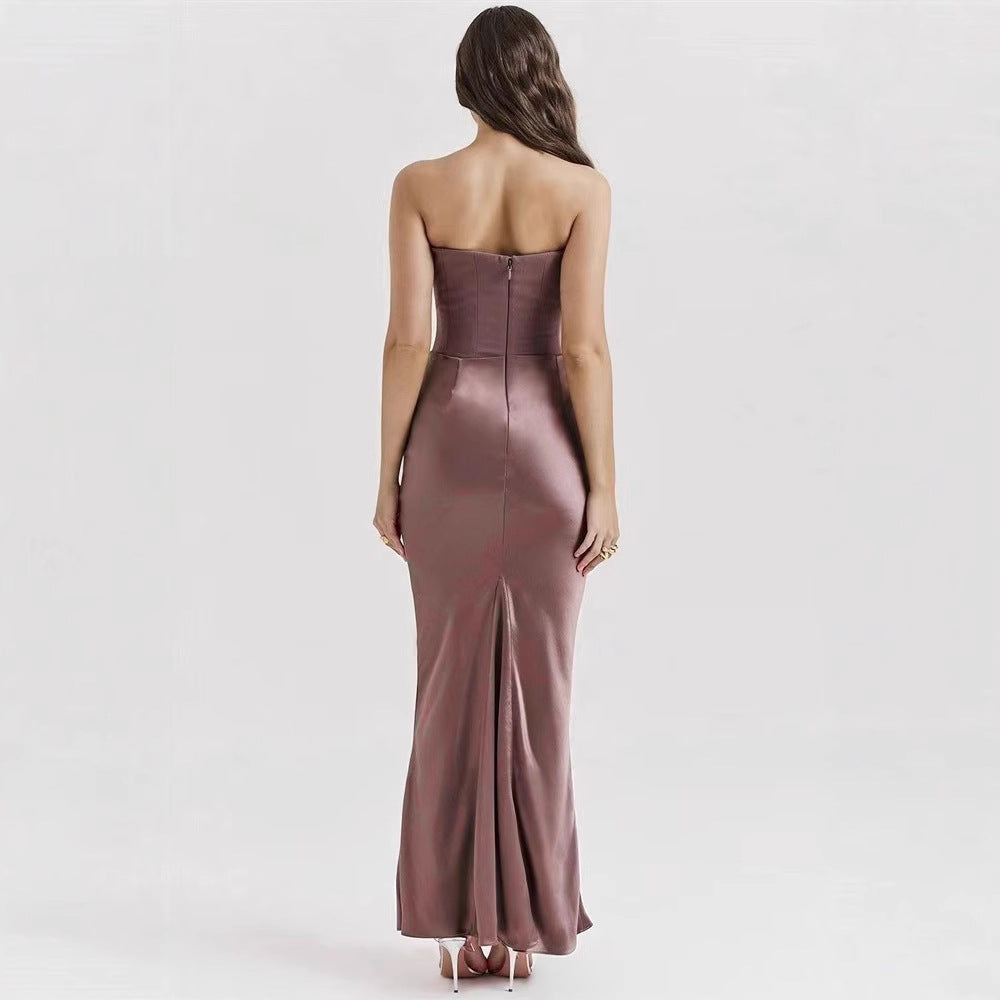 Women’s Strapless Corset Bodycon Maxi Dress with Draped Hip