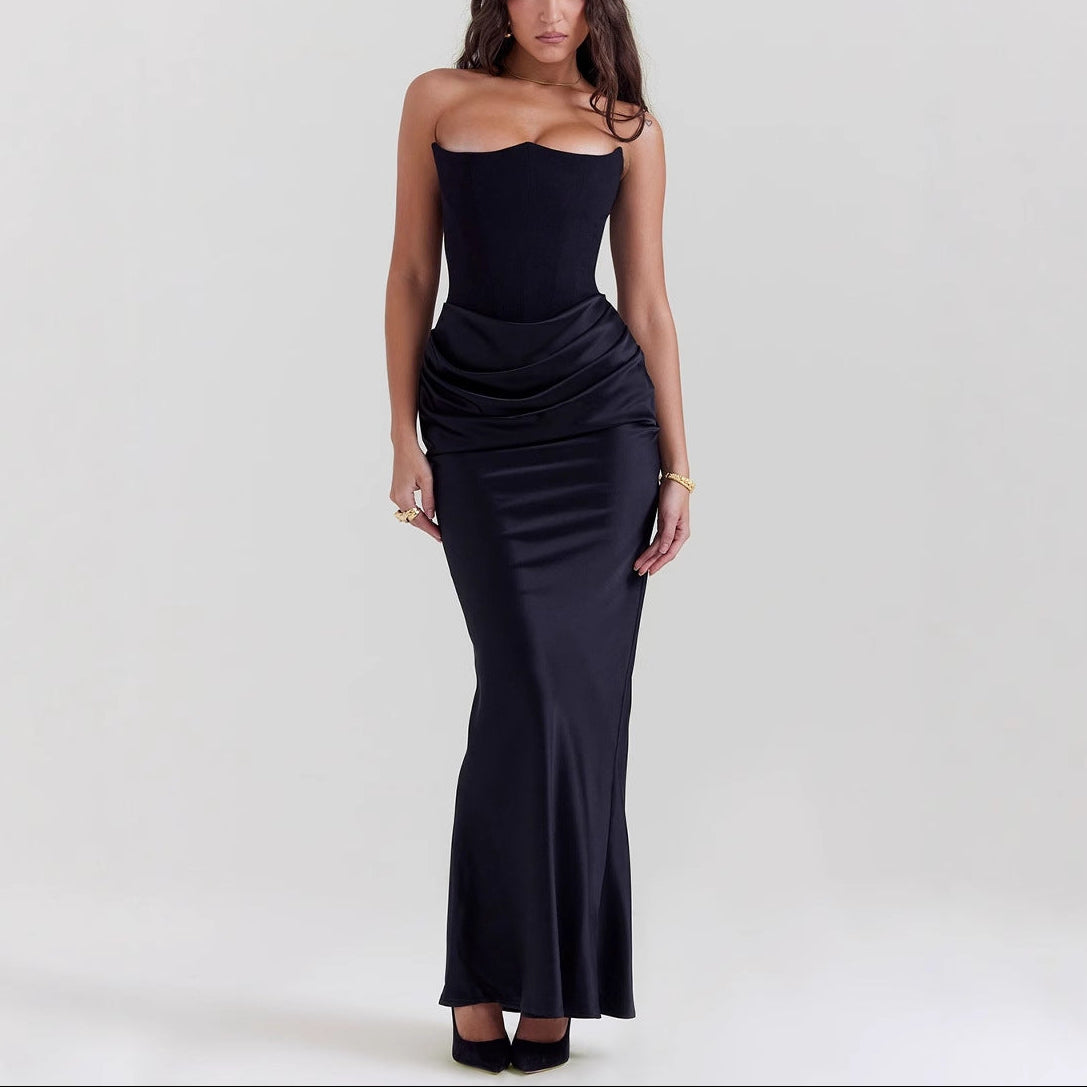 Women’s Strapless Corset Bodycon Maxi Dress with Draped Hip