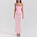 Women’s Strapless Corset Bodycon Maxi Dress with Draped Hip