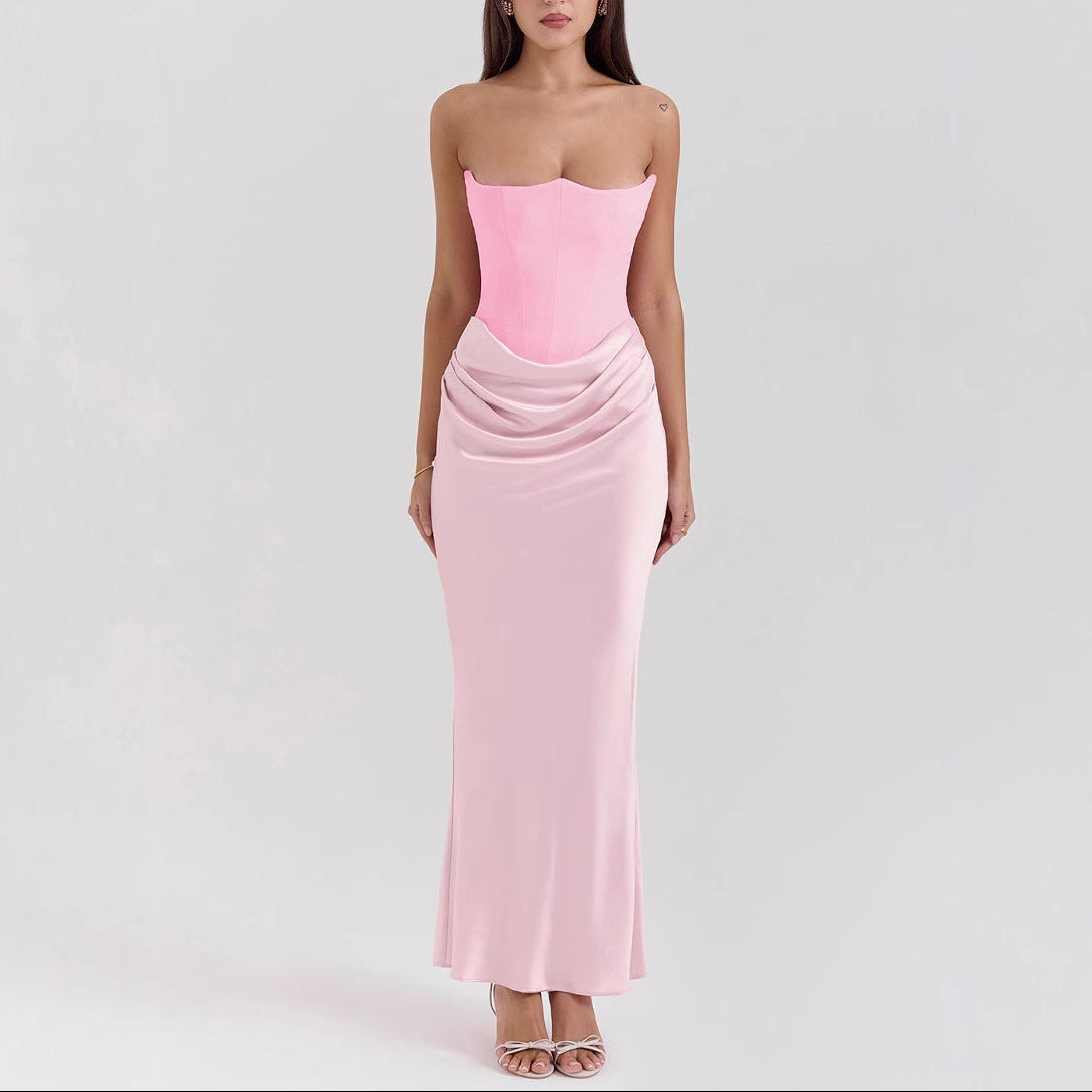 Women’s Strapless Corset Bodycon Maxi Dress with Draped Hip