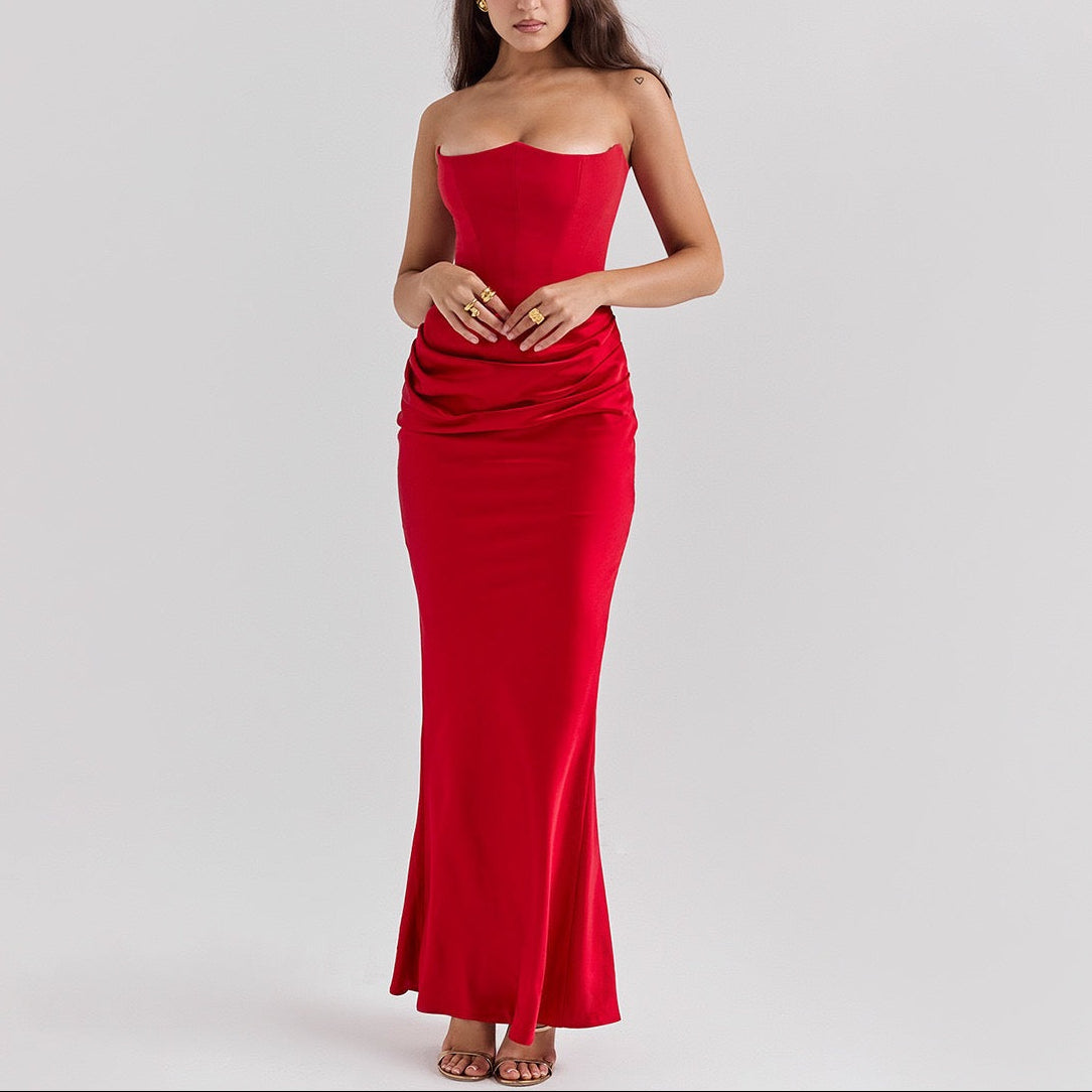 Women’s Strapless Corset Bodycon Maxi Dress with Draped Hip