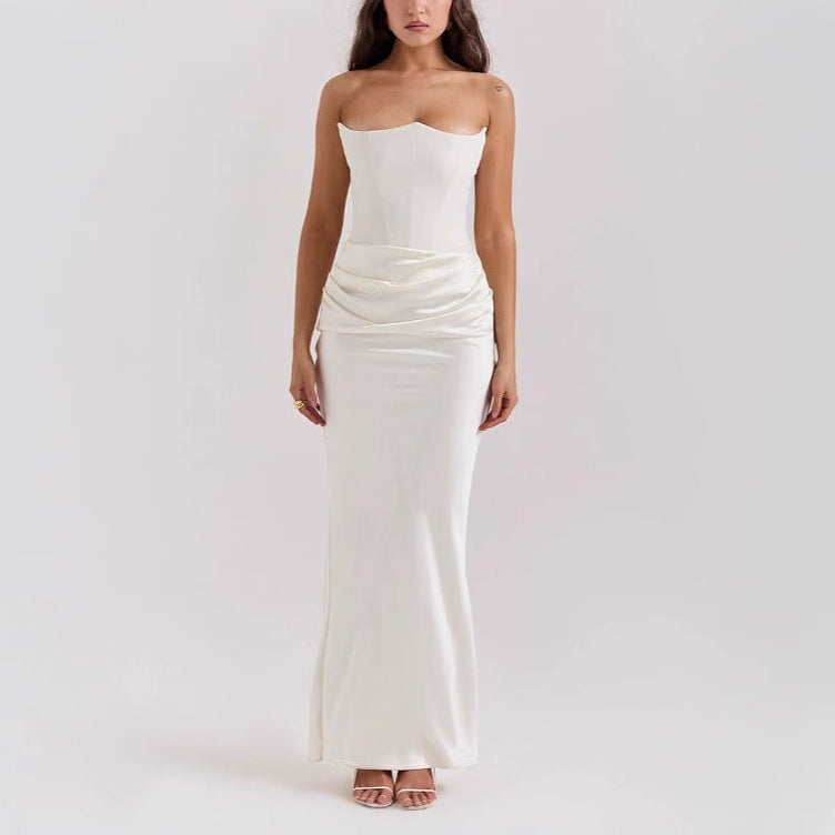 Women’s Strapless Corset Bodycon Maxi Dress with Draped Hip