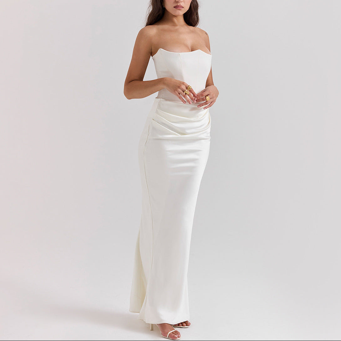 Women’s Strapless Corset Bodycon Maxi Dress with Draped Hip