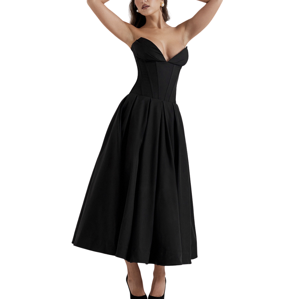 Women’s Strapless Corset Fit and Flare Maxi Dress