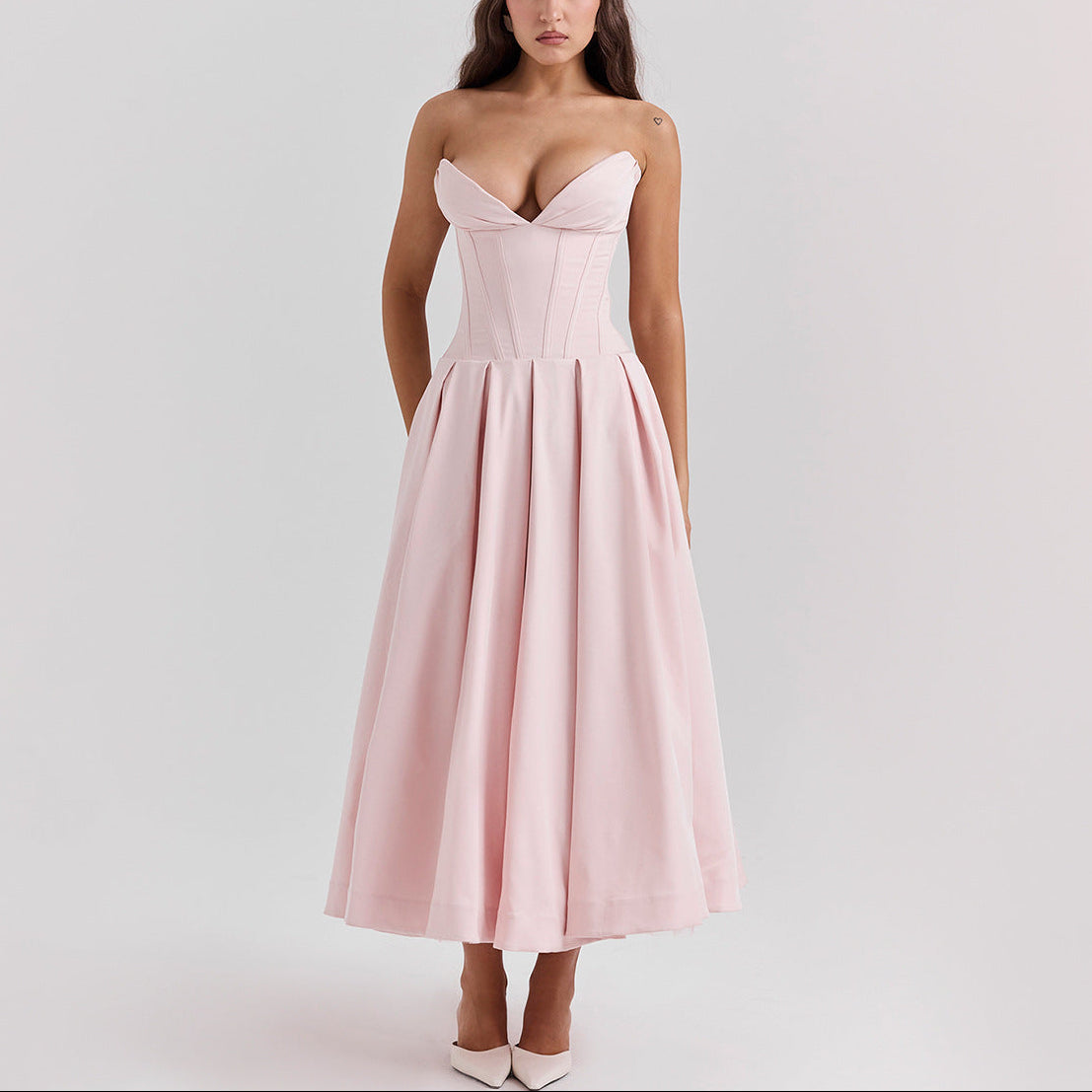 Women’s Strapless Corset Fit and Flare Maxi Dress