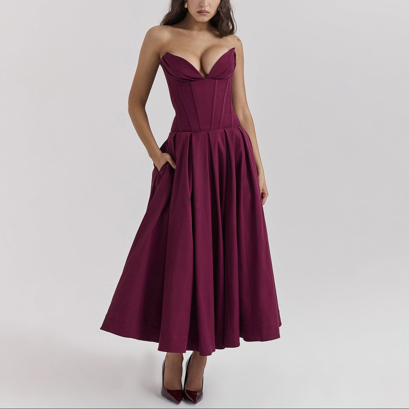 Women’s Strapless Corset Fit and Flare Maxi Dress