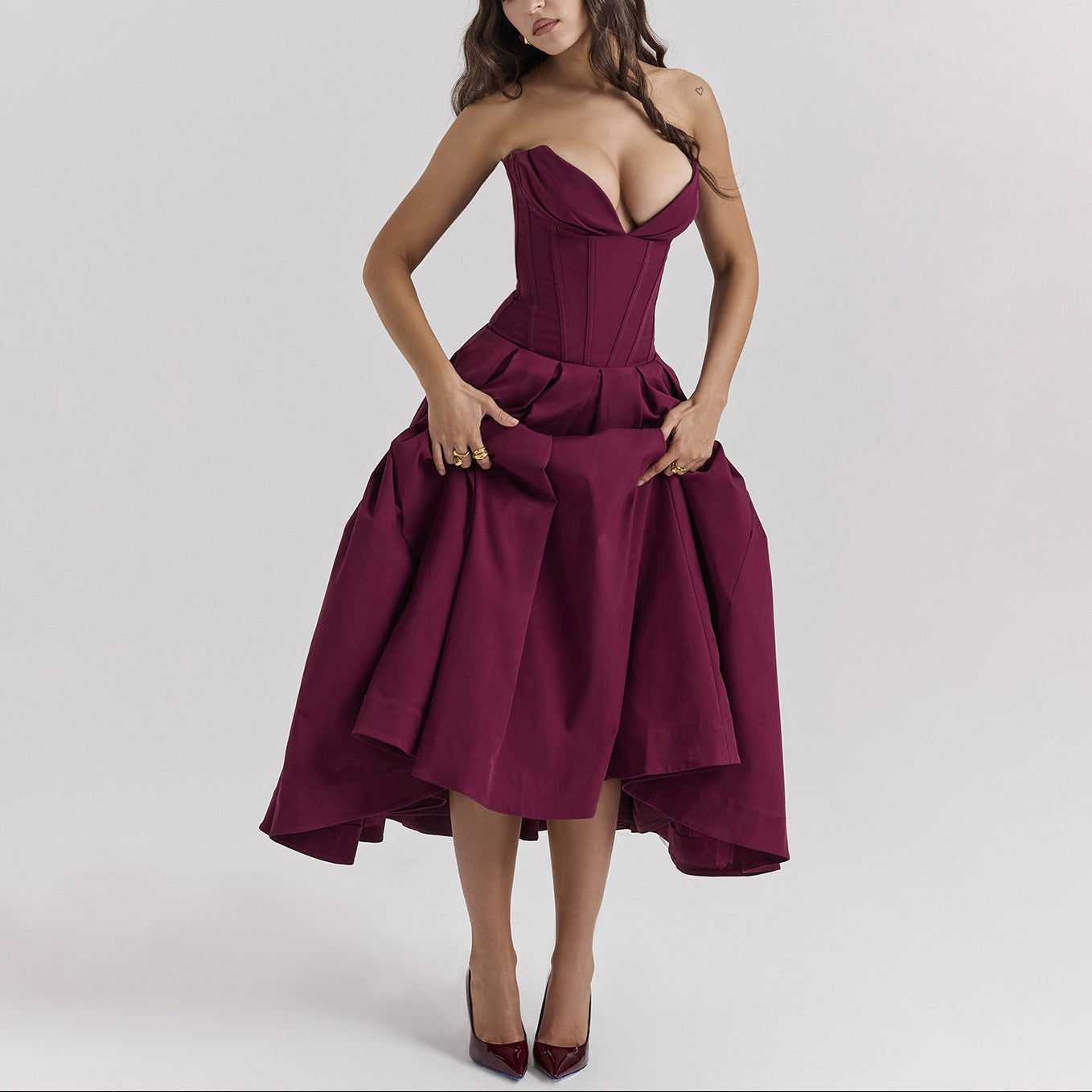Women’s Strapless Corset Fit and Flare Maxi Dress