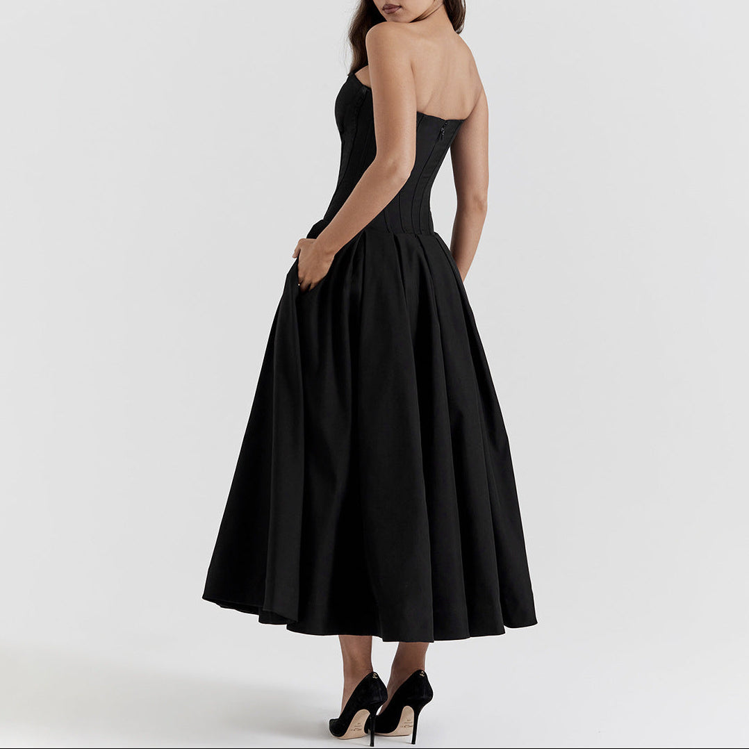 Women’s Strapless Corset Fit and Flare Maxi Dress