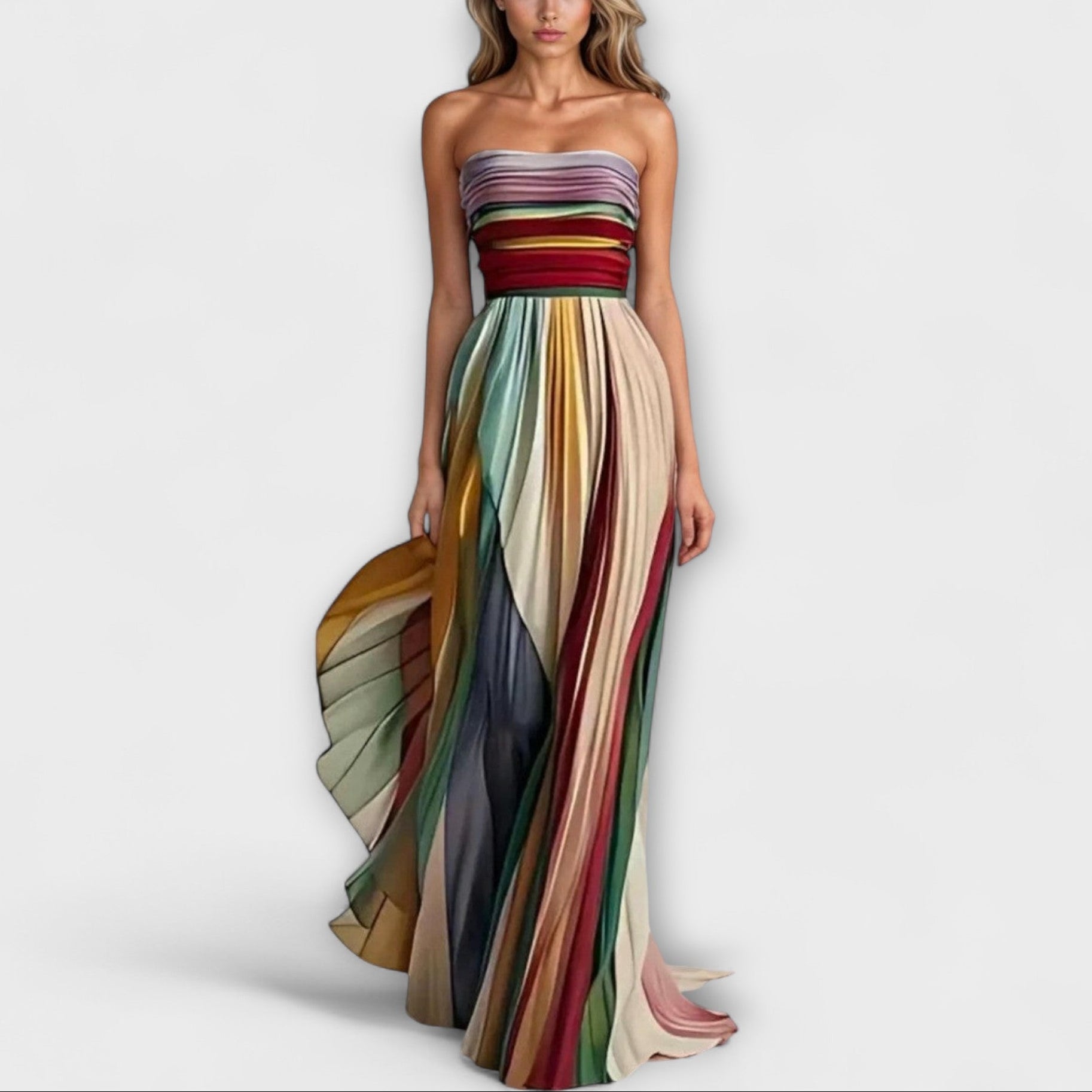 Women’s Strapless Pleated Maxi Dress with Multi Colour Design