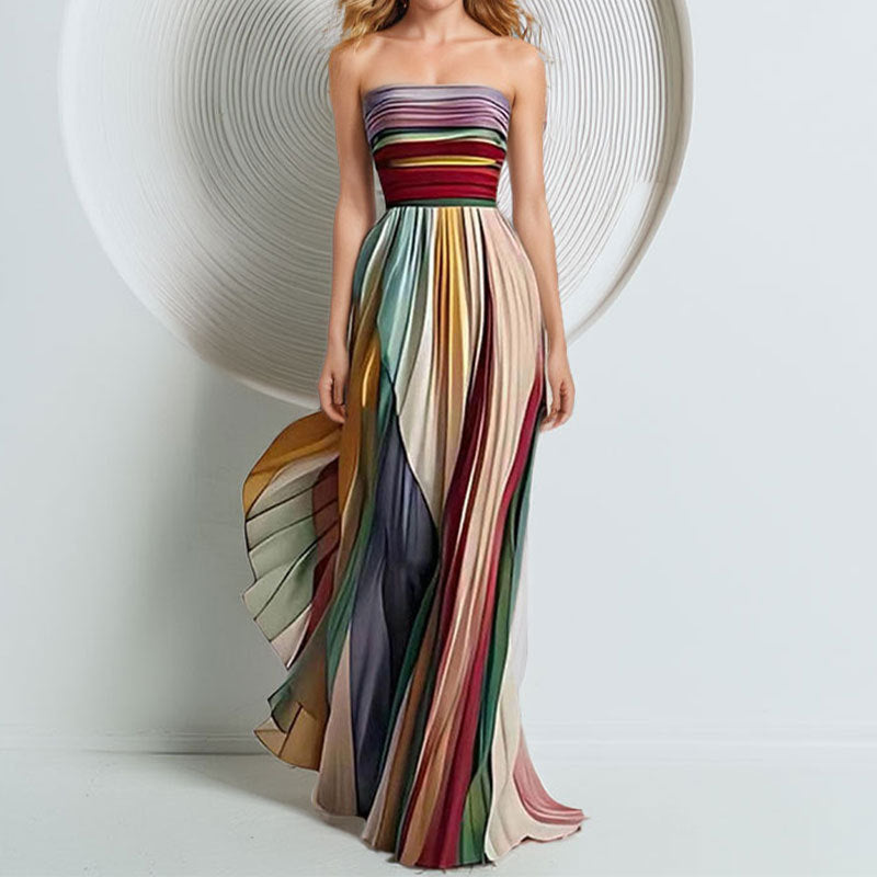 Women’s Strapless Pleated Maxi Dress with Multi Colour Design