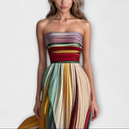 Women’s Strapless Pleated Maxi Dress with Multi Colour Design