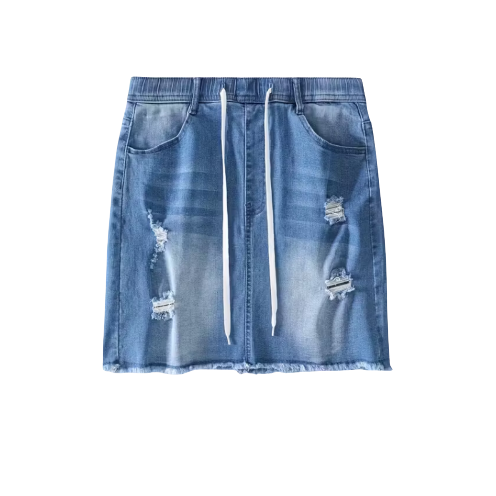 Women’s Stretch Denim Mini Skirt with Drawstring Waist and Pockets