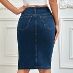 Women’s Stretch Denim Pencil Midi Skirt with Button Front and Pockets