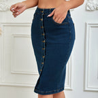 Women’s Stretch Denim Pencil Midi Skirt with Button Front and Pockets