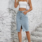 Women’s Stretch Denim Pencil Midi Skirt with Front Slit and Pockets