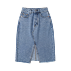 Women’s Stretch Denim Pencil Midi Skirt with Front Slit and Pockets