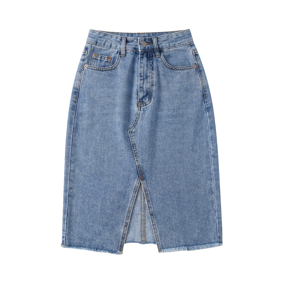 Women’s Stretch Denim Pencil Midi Skirt with Front Slit and Pockets