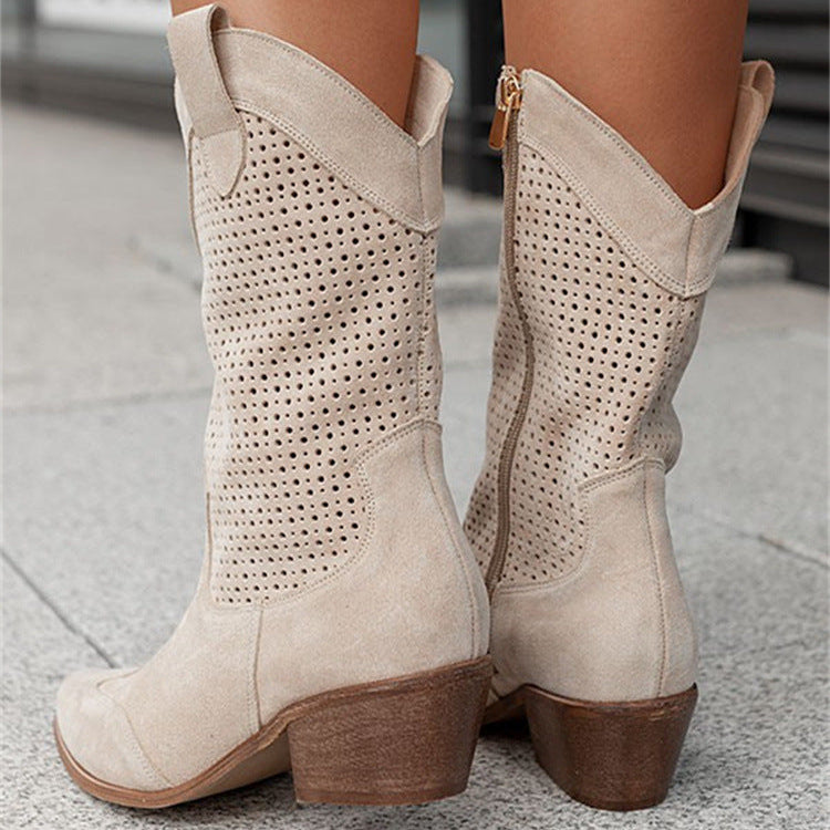 Women’s Suede Cowboy Boots with Perforated Upper