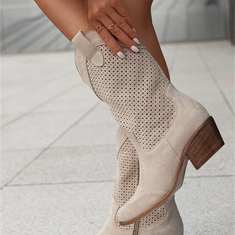 Women’s Suede Cowboy Boots with Perforated Upper