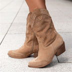 Women’s Suede Cowboy Boots with Perforated Upper