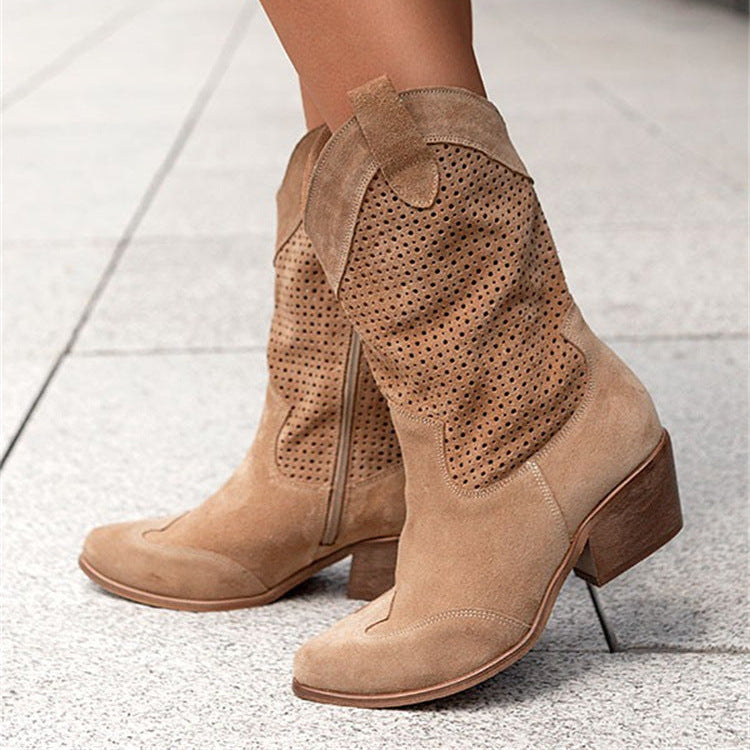 Women’s Suede Cowboy Boots with Perforated Upper