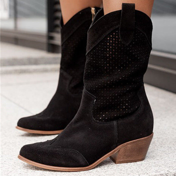 Women’s Suede Cowboy Boots with Perforated Upper