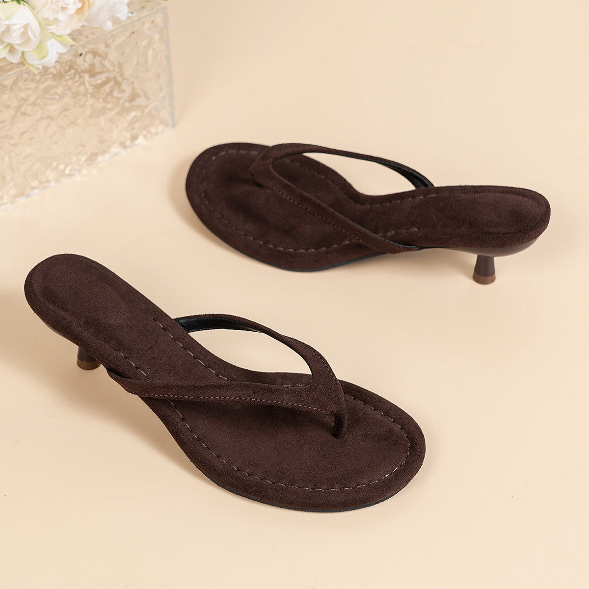 Women’s Suede Heeled Flip Flops with Kitten Heel
