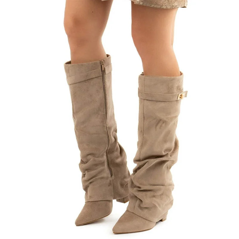 Women’s Suede Knee High Pointed Toe Boots with Side Zip