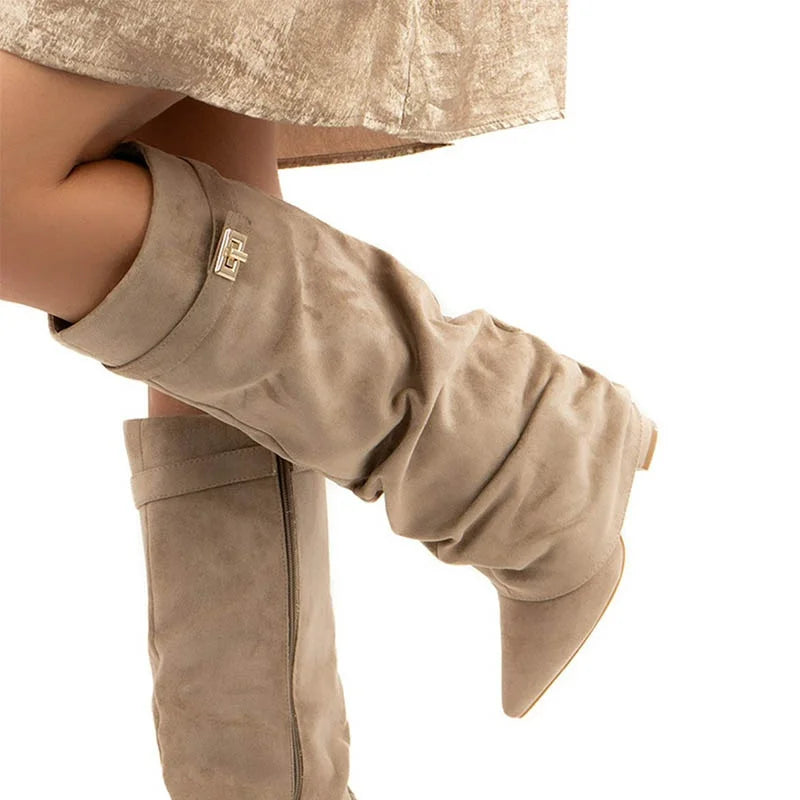 Women’s Suede Knee High Pointed Toe Boots with Side Zip