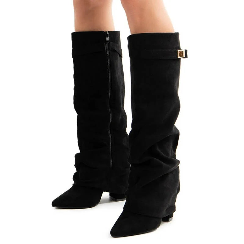 Women’s Suede Knee High Pointed Toe Boots with Side Zip