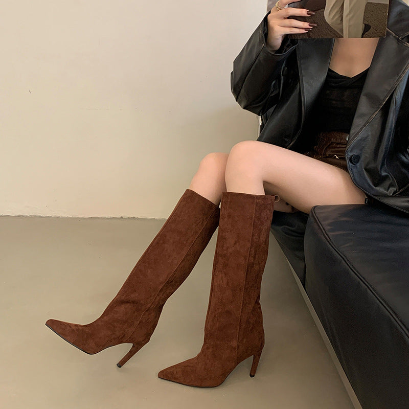 Women’s Suede Pointed Toe Knee High Boots with Thin Heel
