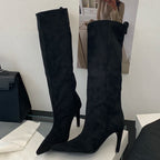 Women’s Suede Pointed Toe Knee High Boots with Thin Heel