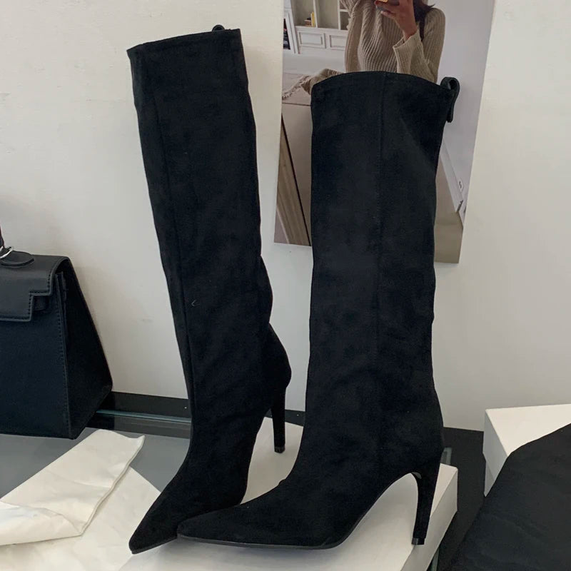 Women’s Suede Pointed Toe Knee High Boots with Thin Heel