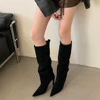 Women’s Suede Pointed Toe Knee High Boots with Thin Heel
