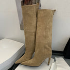 Women’s Suede Pointed Toe Knee High Boots with Thin Heel