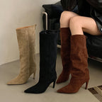 Women’s Suede Pointed Toe Knee High Boots with Thin Heel
