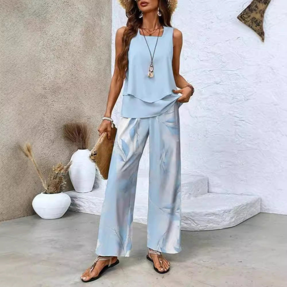 Women’s Summer Sleeveless Top and Wide Leg Trousers Set