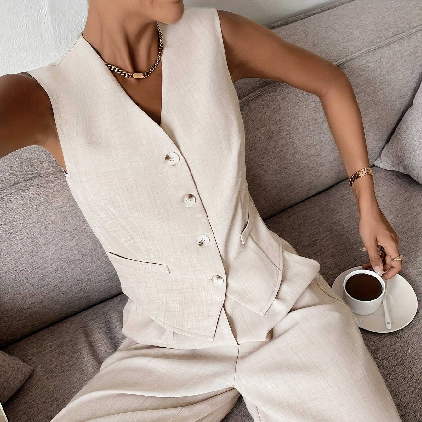 Women’s Summer Waistcoat and Wide Leg Trousers Co-Ord Set
