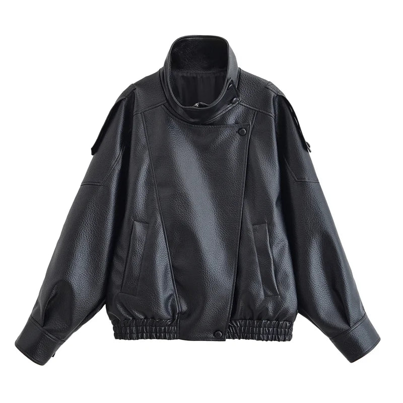 Women’s Textured PU Leather Bomber Jacket with Stand Collar