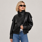 Women’s Textured PU Leather Bomber Jacket with Stand Collar