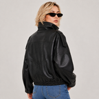 Women’s Textured PU Leather Bomber Jacket with Stand Collar