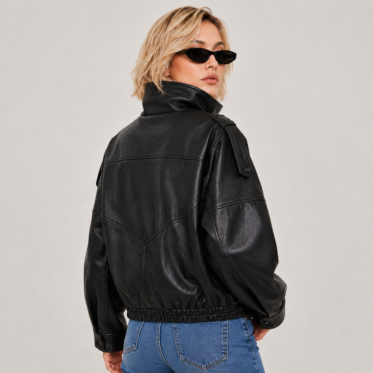 Women’s Textured PU Leather Bomber Jacket with Stand Collar