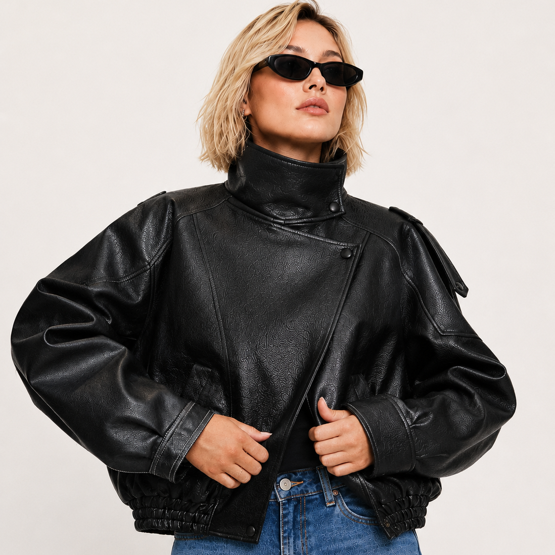 Women’s Textured PU Leather Bomber Jacket with Stand Collar