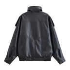Women’s Textured PU Leather Bomber Jacket with Stand Collar