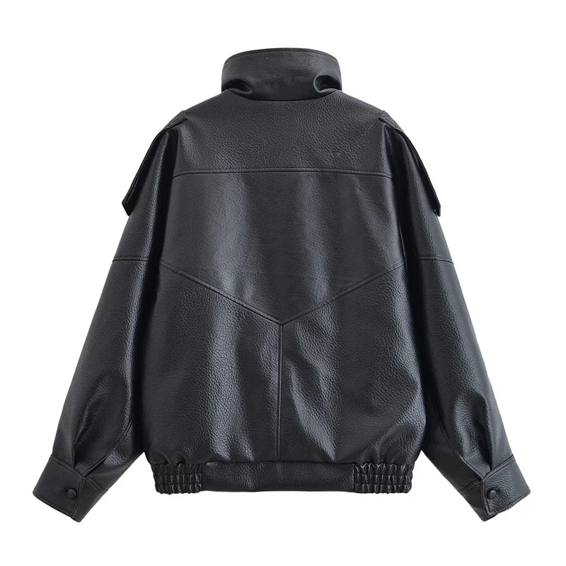 Women’s Textured PU Leather Bomber Jacket with Stand Collar