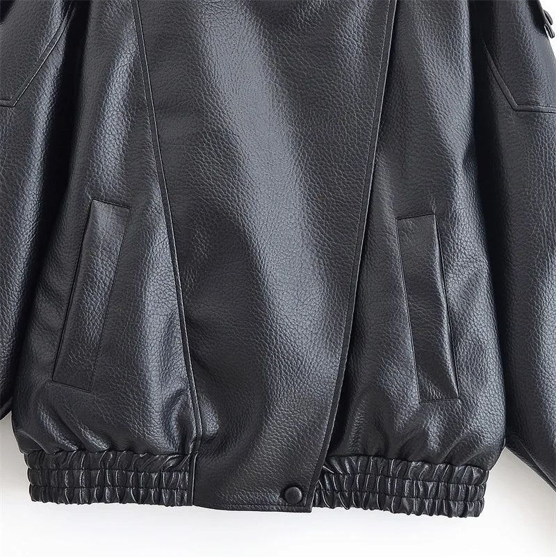 Women’s Textured PU Leather Bomber Jacket with Stand Collar