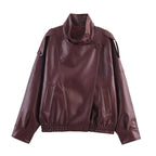 Women’s Textured PU Leather Bomber Jacket with Stand Collar