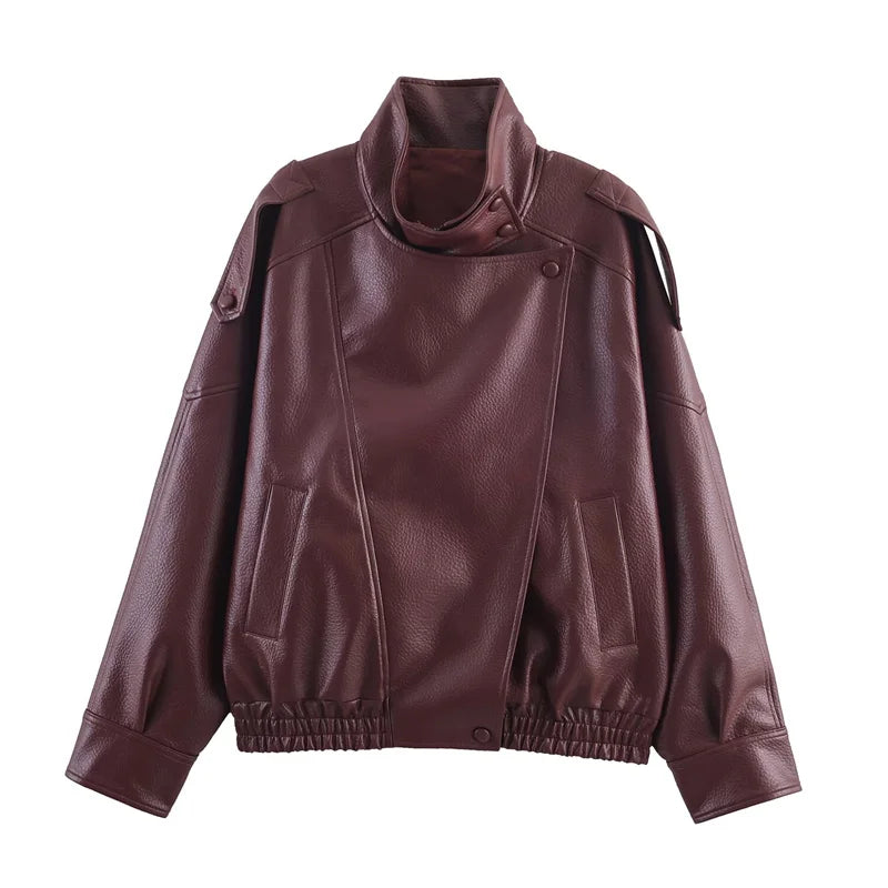 Women’s Textured PU Leather Bomber Jacket with Stand Collar