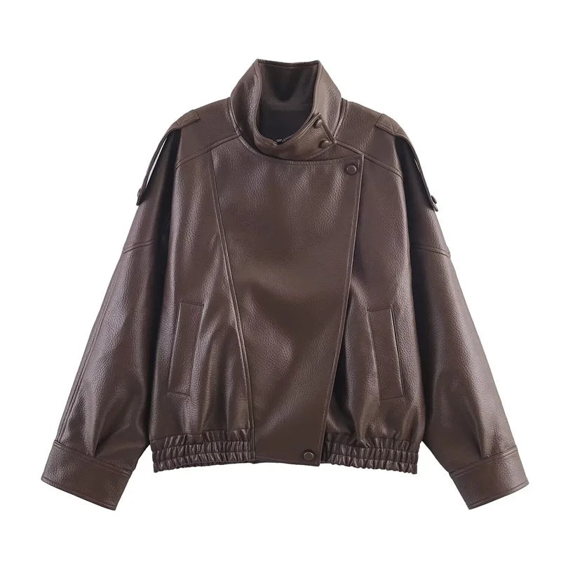 Women’s Textured PU Leather Bomber Jacket with Stand Collar
